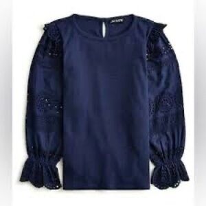 J.Crew NwT ruffle-trim eyelet top in vintage rib in navy L
